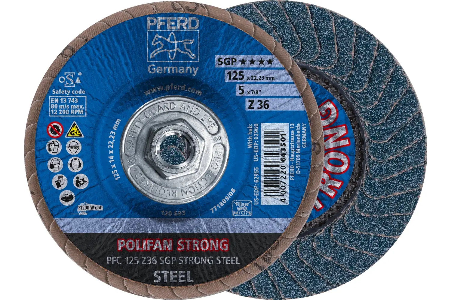 Picture of Pferd Flap Disc, 5" x 5/8-11, Z SGP Strong Steel, 36 Grit, T29, Conical, Zirconia